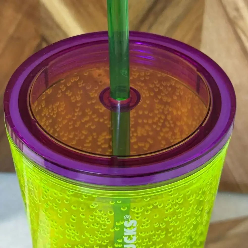 Starbucks 24 oz Neon Yellow Bubbleseed Cold Cup Tumbler with Purple Lid